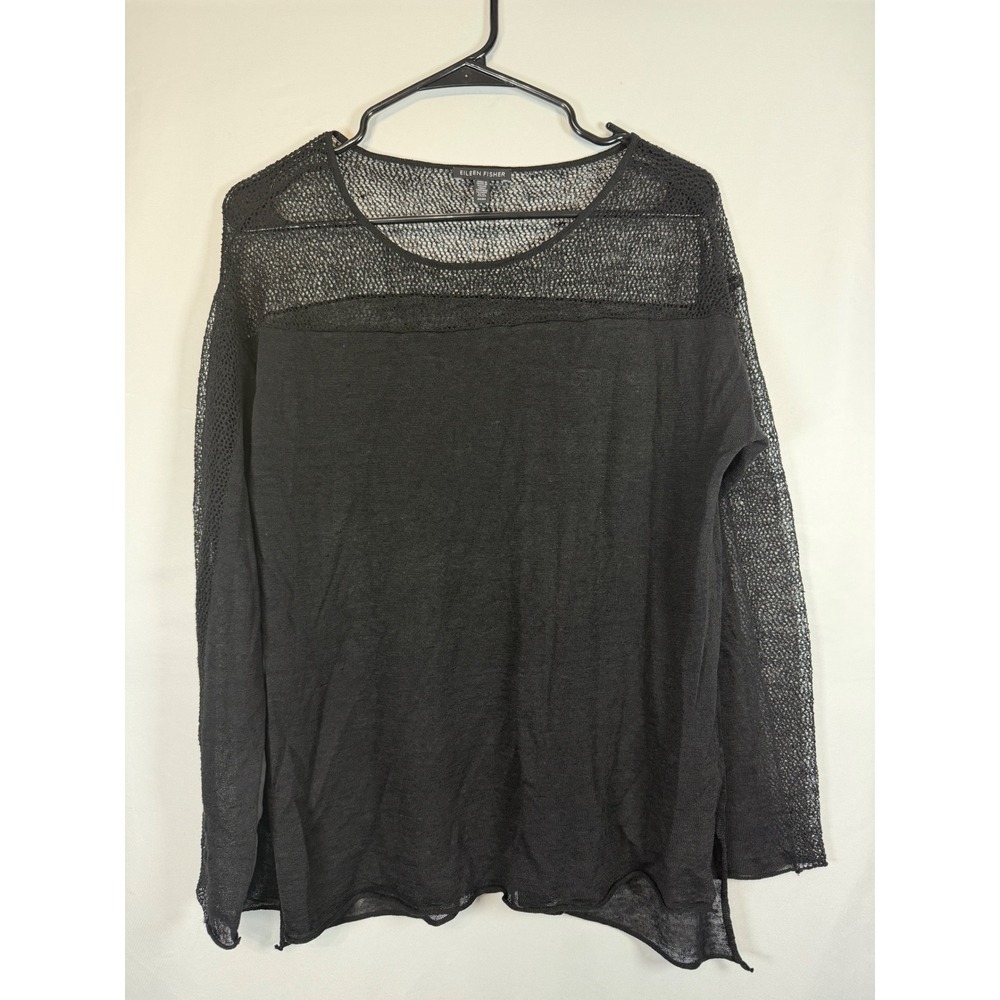 Eileen Fisher Black Mesh Yoke Long Sleeve Top Italian Yarn Size M